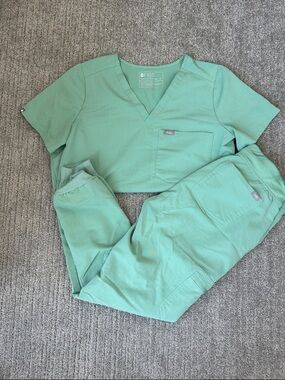 Figs sage green Catarina scrub top and Zamora joggers